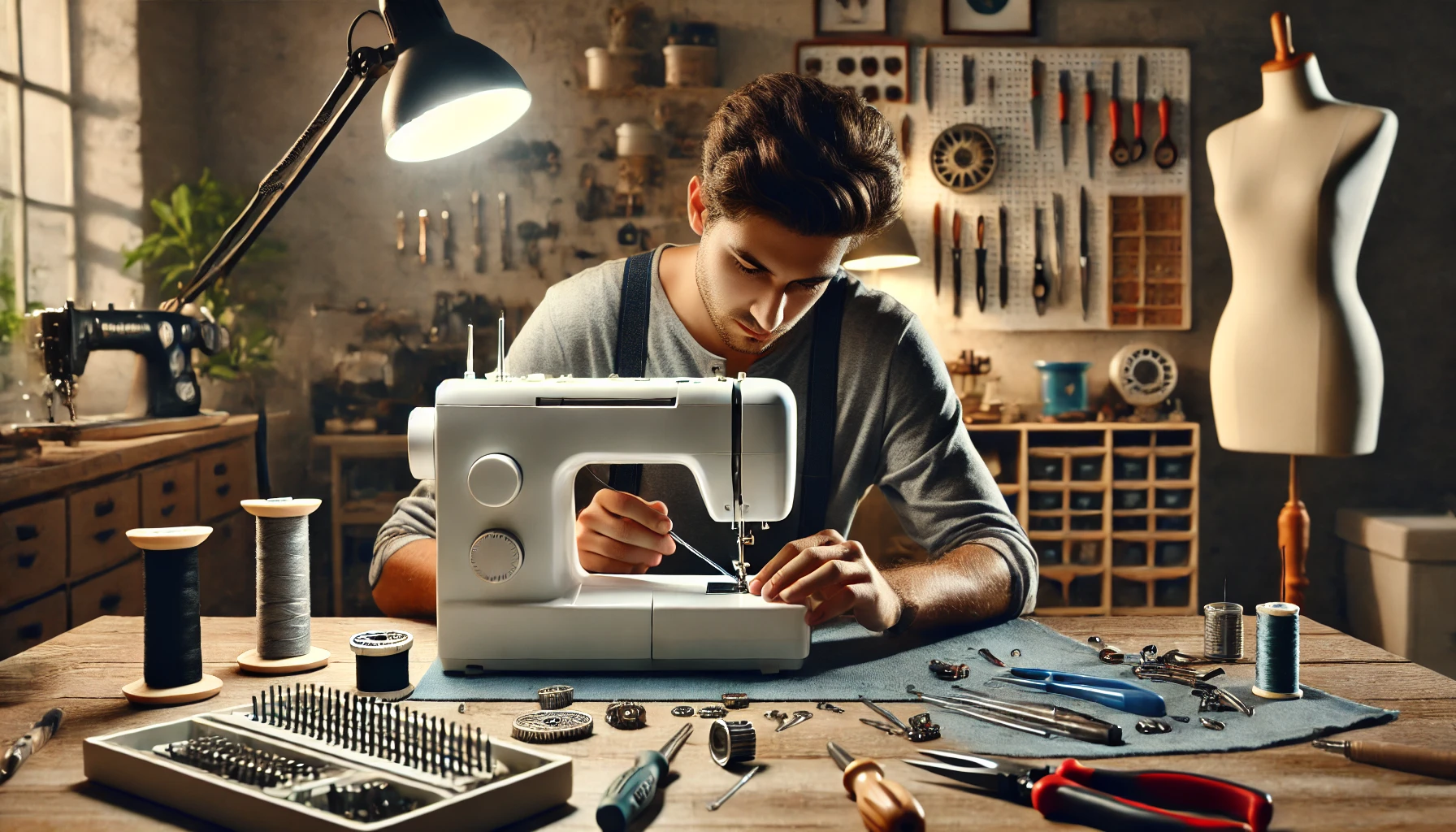 Мастер ремонтирует швейную машинку в домашней мастерской