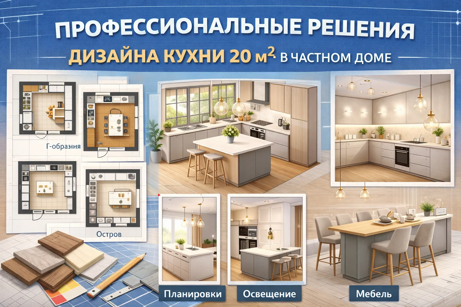 Дизайн кухни 20 квадратных метров в частном доме с Г-образной планировкой и островом