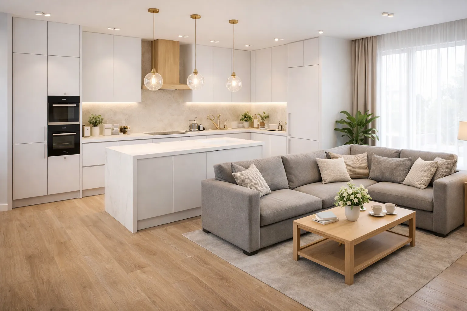 Кухня-гостиная 20 кв м современный дизайн с диваном и зонированием