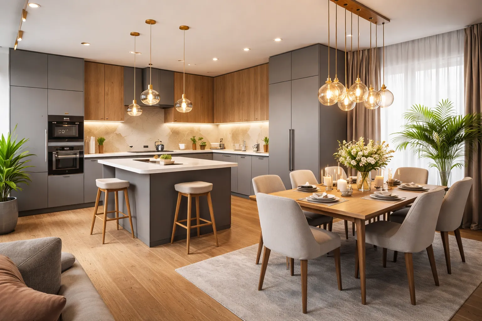 Современный дизайн кухни-гостиной 20 кв м с островом и диваном в стиле минимализм 2026