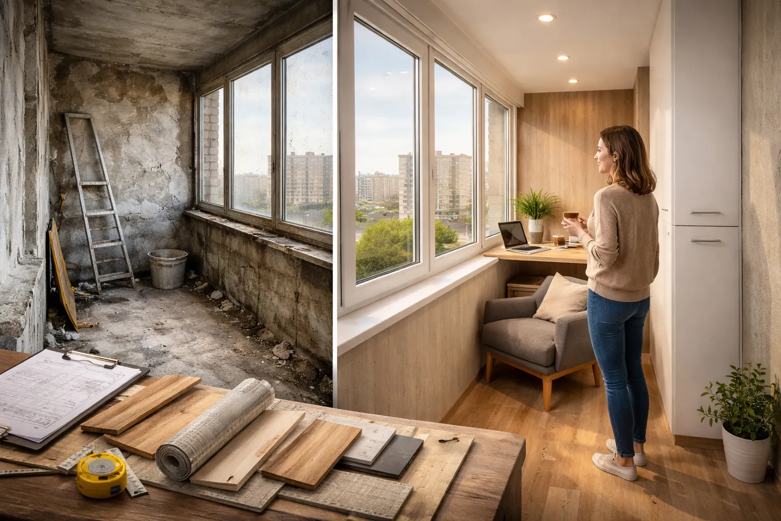 Балкон под ключ после ремонта с остеклением, утеплением, отделкой стен, пола и потолка