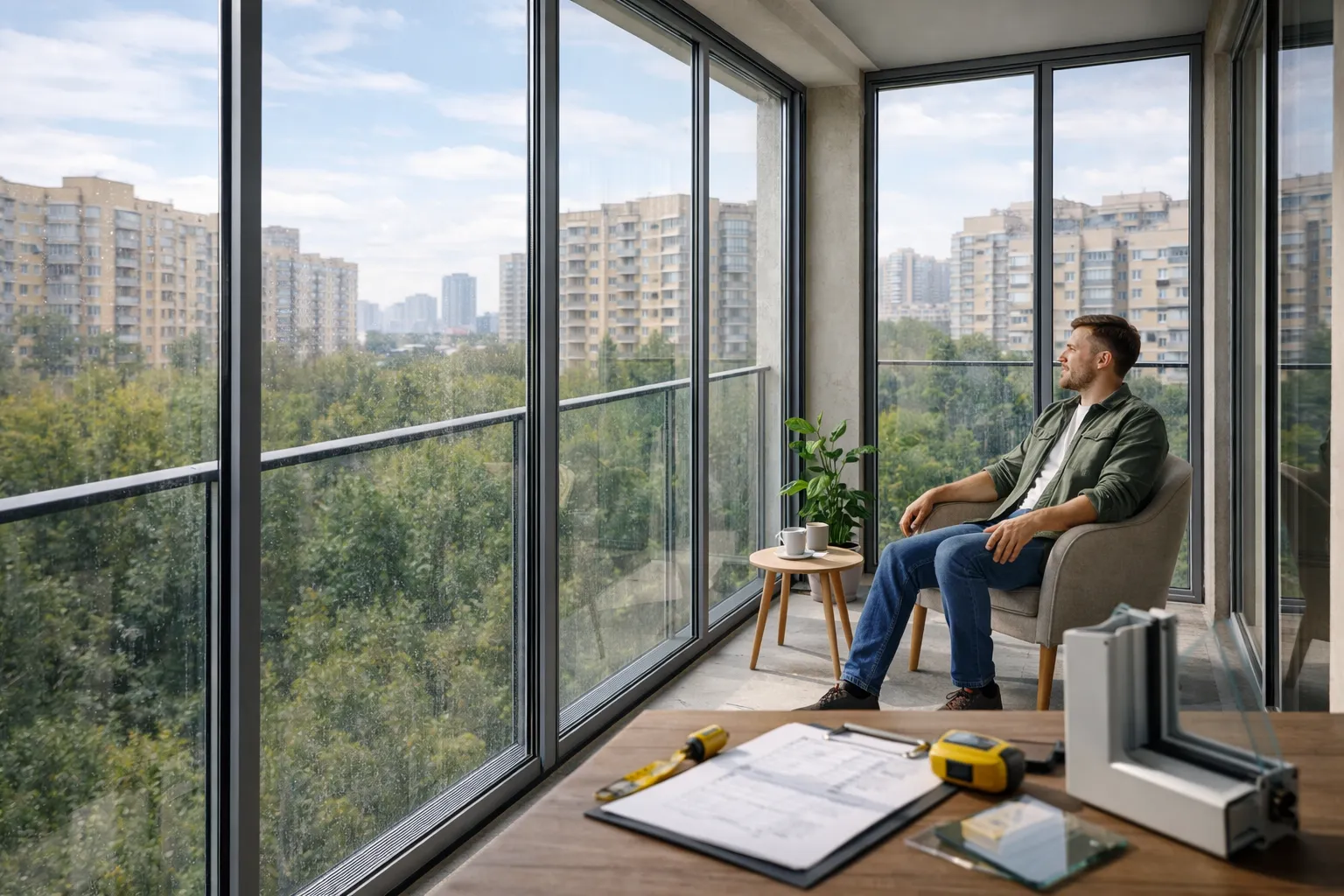 Французское остекление балкона в пол в городской квартире с панорамными окнами и современным аккуратным интерьером