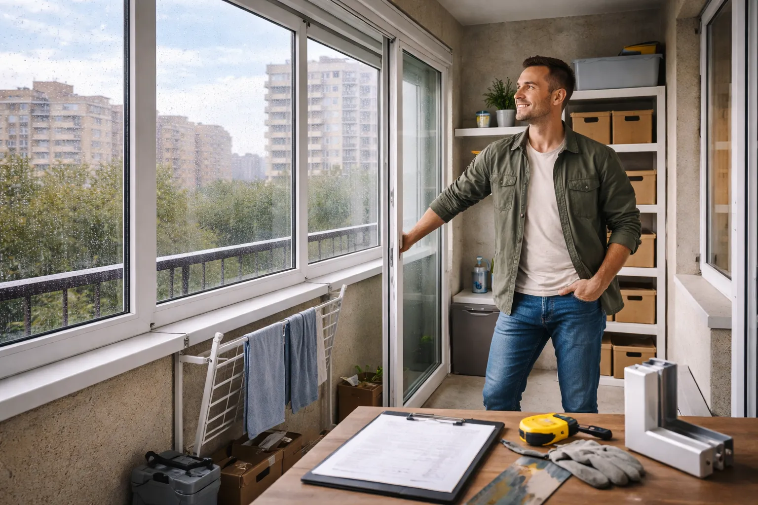 Холодное остекление балкона алюминиевым профилем с раздвижными створками в городской квартире