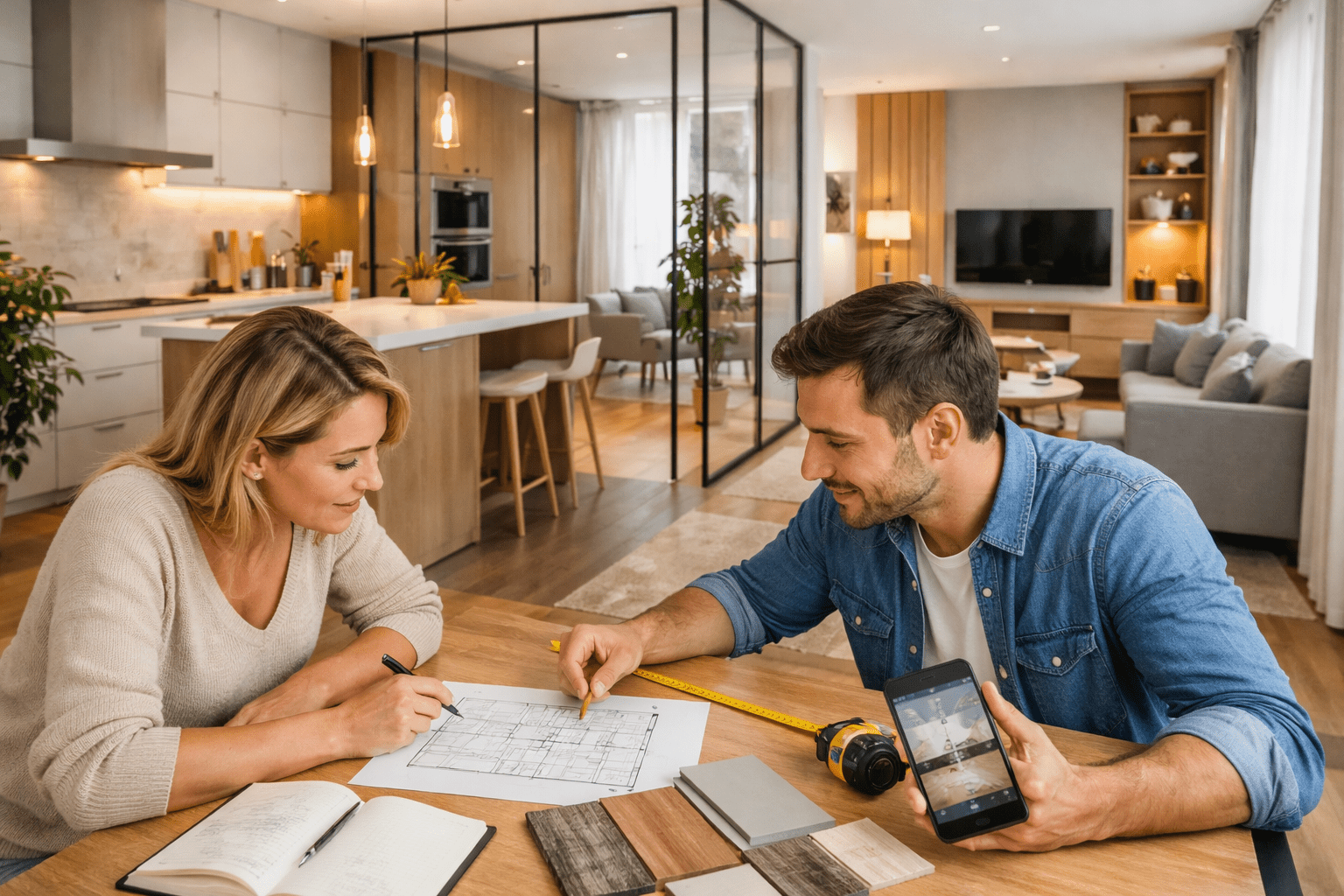 Кухня-гостиная с грамотным зонированием: стеклянная перегородка, диван, обеденный стол и световое разделение зон