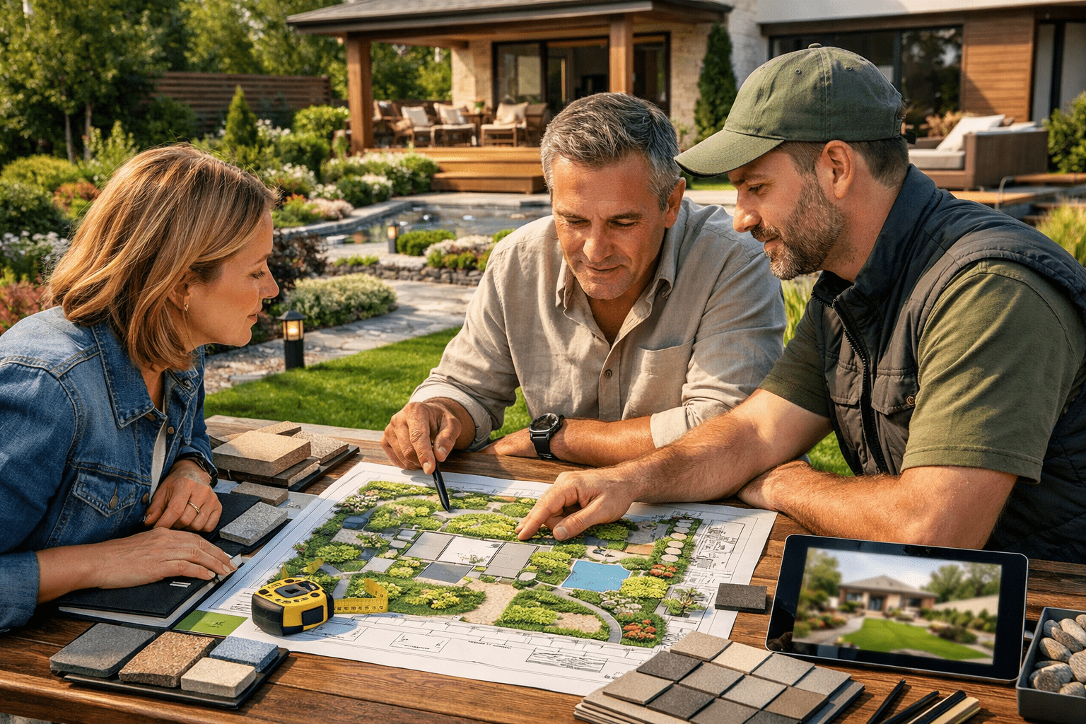 Ландшафтный дизайн участка возле частного дома с дорожками, газоном, террасой, озеленением и продуманным зонированием
