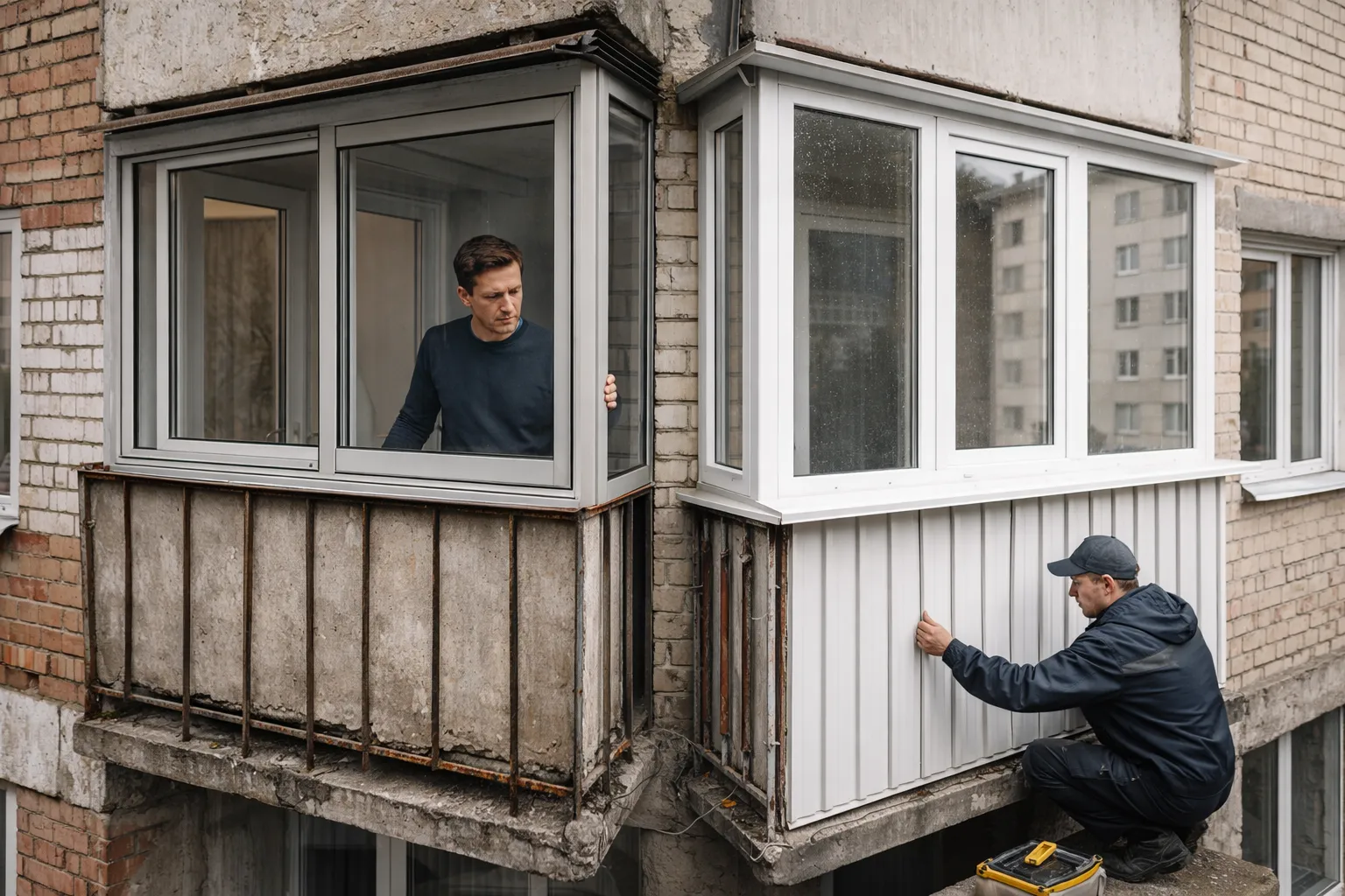 Остекление балкона в хрущёвке с сравнением лёгкого алюминиевого и более тяжёлого ПВХ-остекления на старом балконе