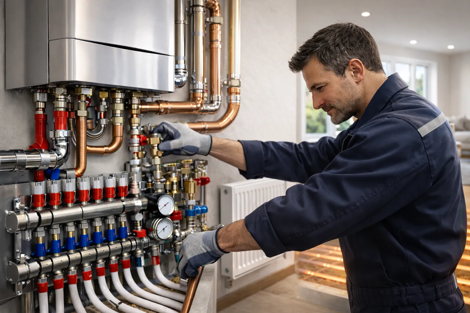 монтаж отопления в коттедже под ключ с котельной, радиаторами и теплым полом