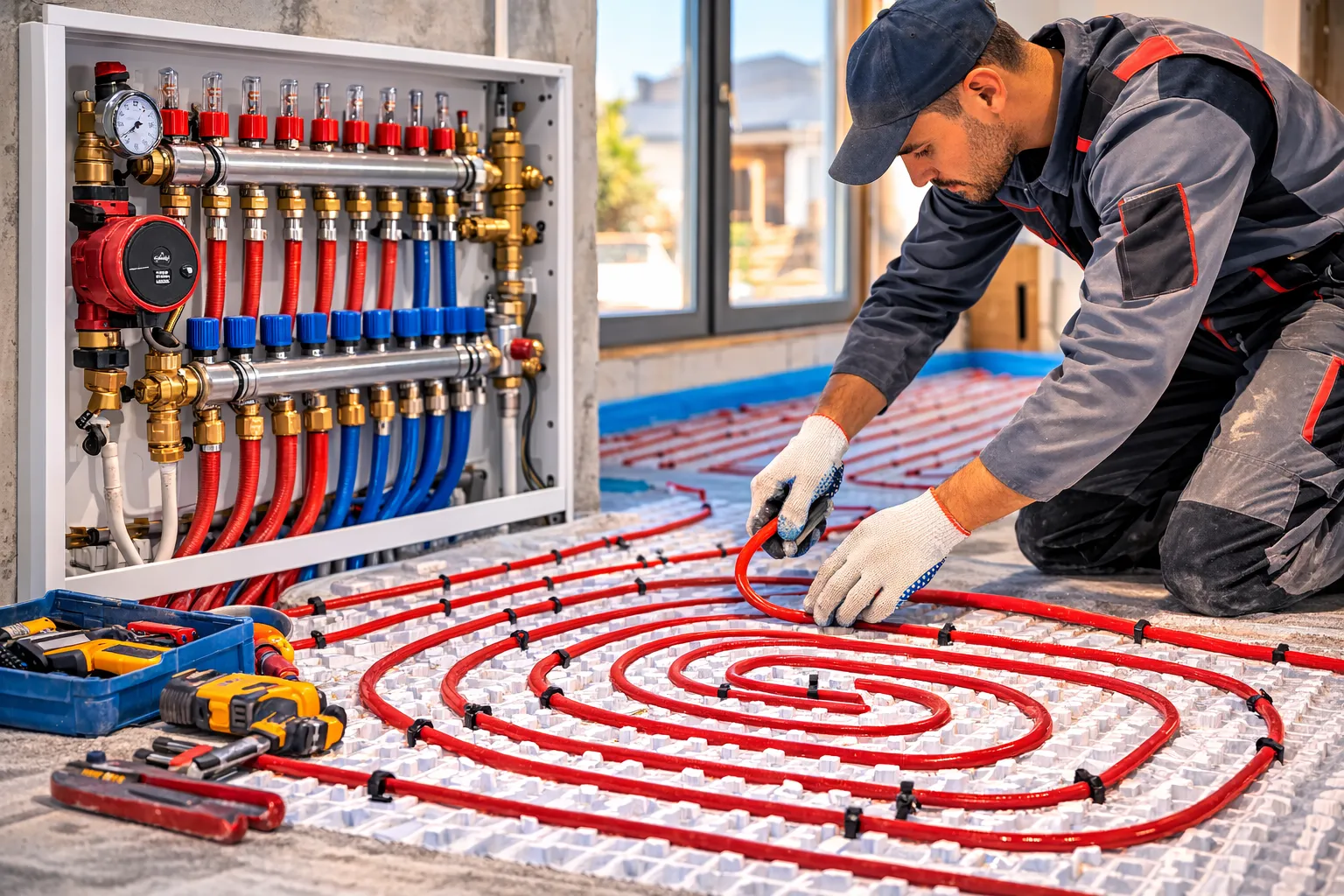 монтаж тёплого пола под ключ — укладка труб водяного теплого пола и установка коллектора отопления