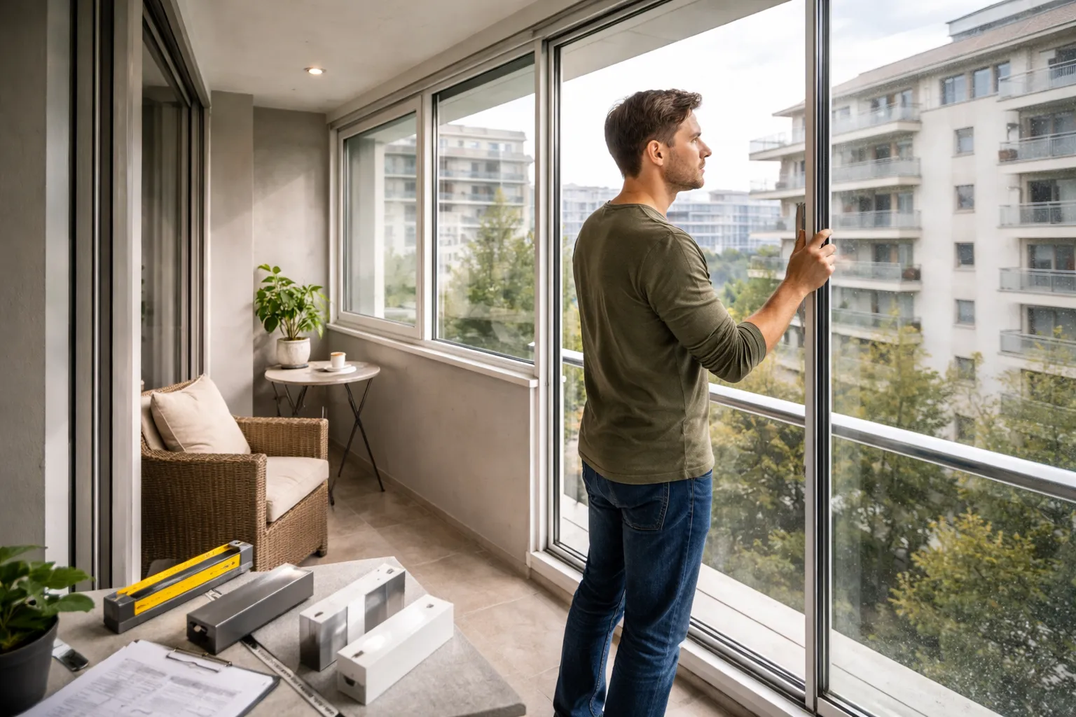 Раздвижные окна на балкон с алюминиевым и ПВХ профилем в современной городской квартире