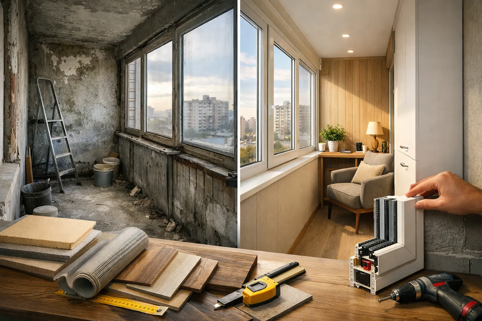 Ремонт балкона под ключ с остеклением, утеплением и современной внутренней отделкой