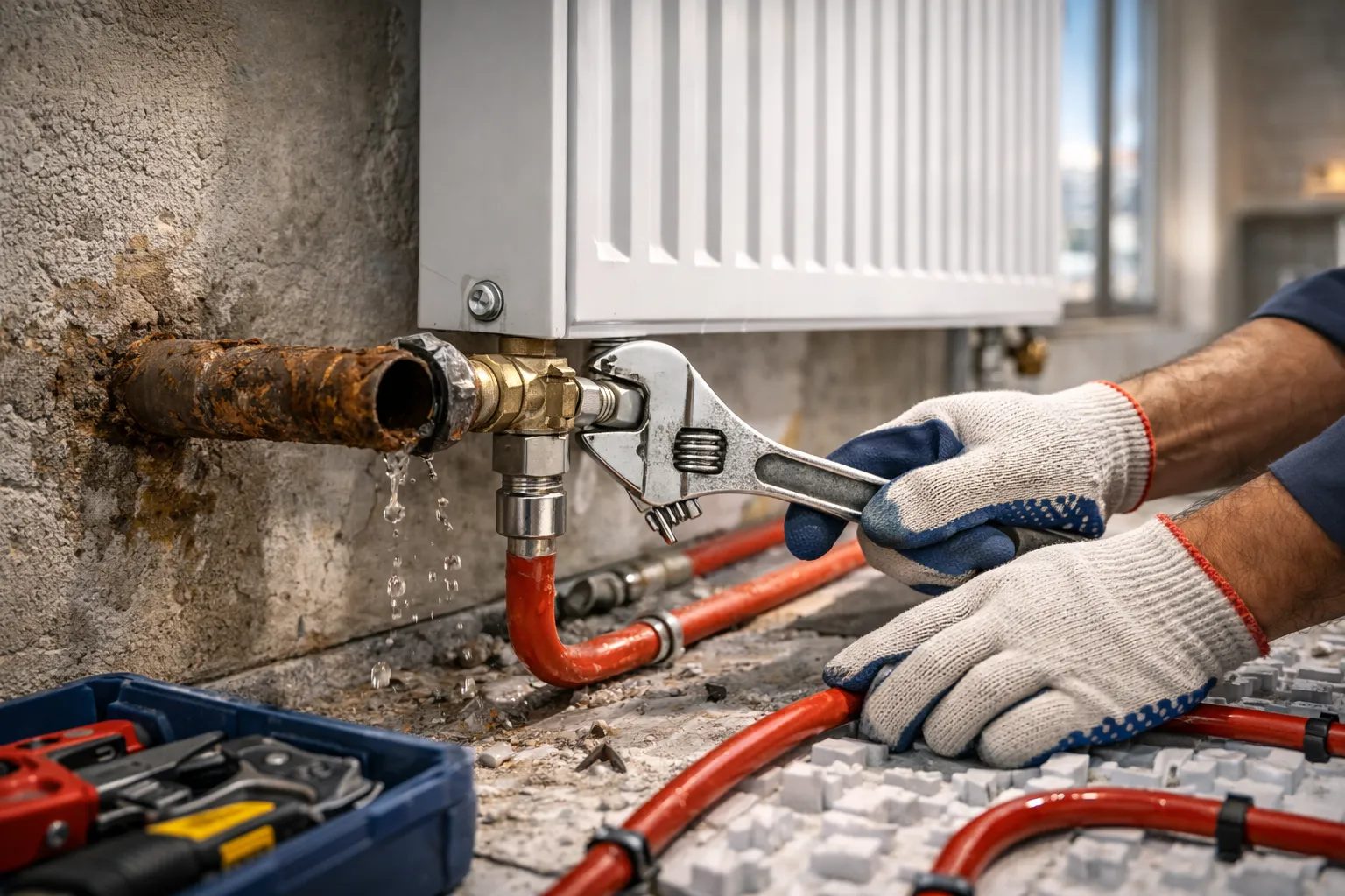 ремонт системы отопления в квартире мастер устраняет течь радиатора и трубы отопления