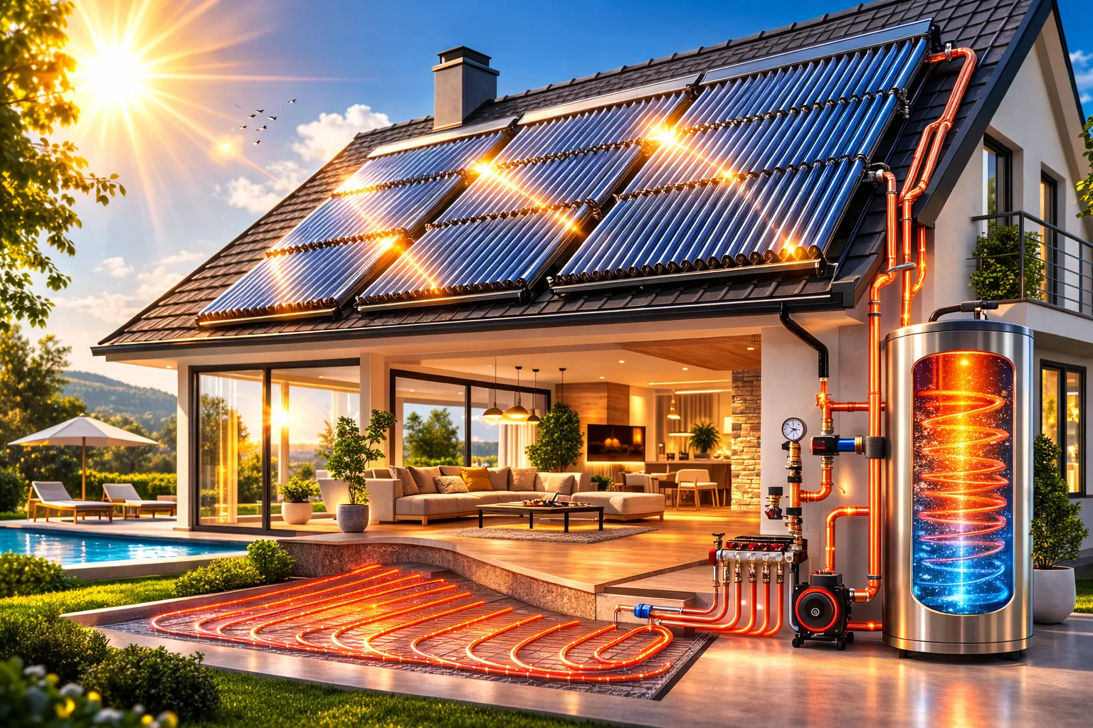 Система солнечного отопления частного дома с вакуумными солнечными коллекторами на крыше и буферной емкостью