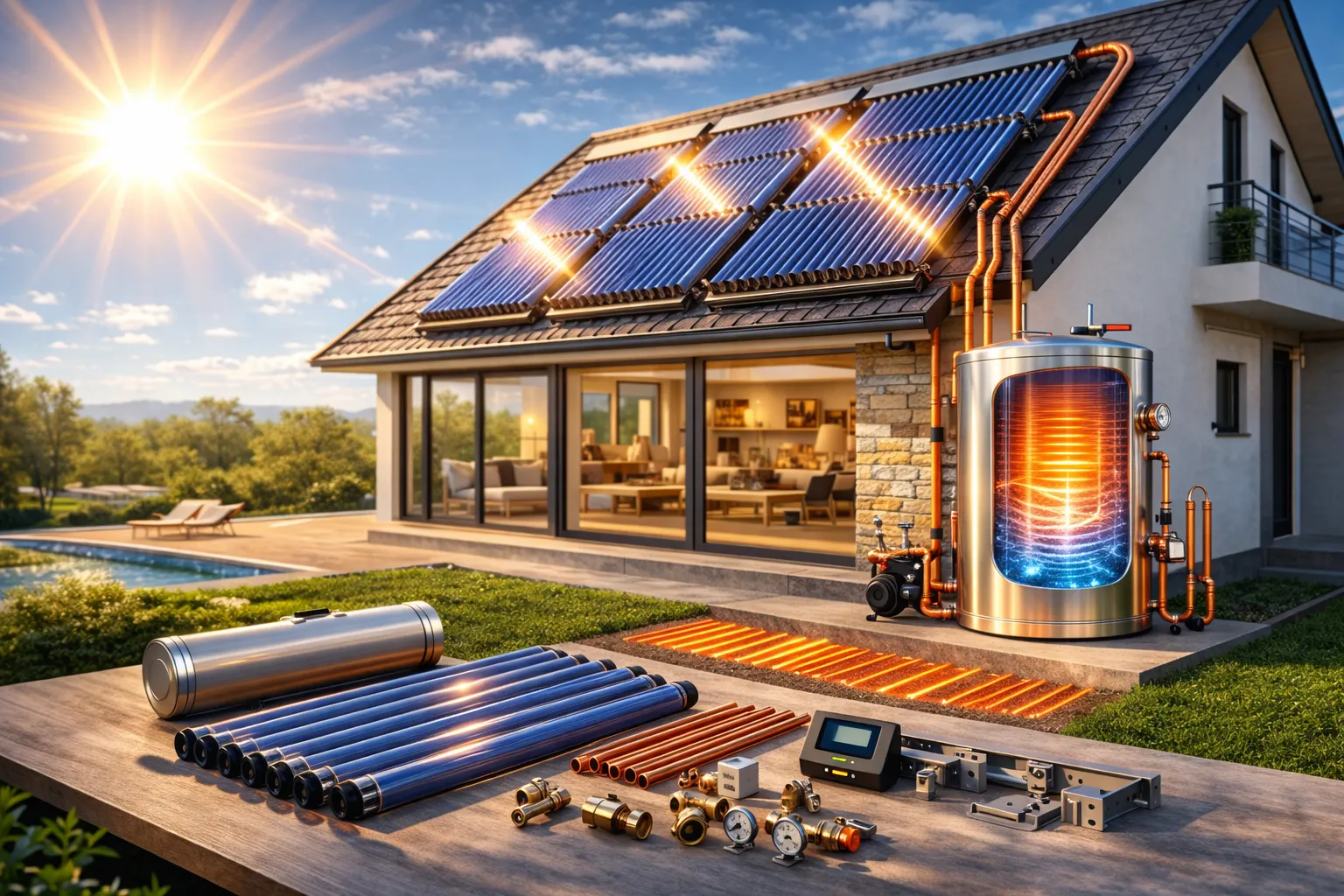 Солнечные коллекторы и солнечные панели на крыше частного дома для отопления и горячей воды