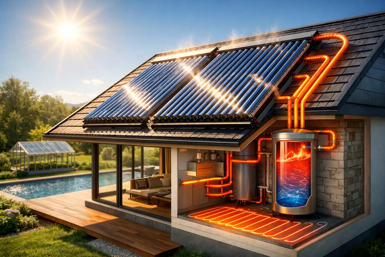 солнечные коллекторы на крыше частного дома система солнечного нагрева воды