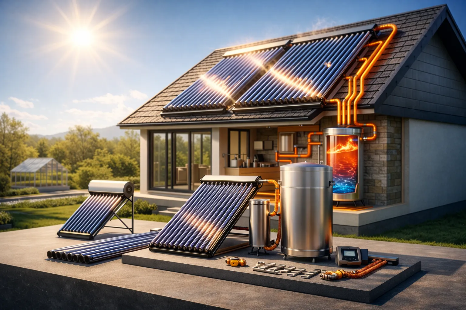 солнечный коллектор для нагрева воды на крыше частного дома система вакуумных трубок с баком горячей воды
