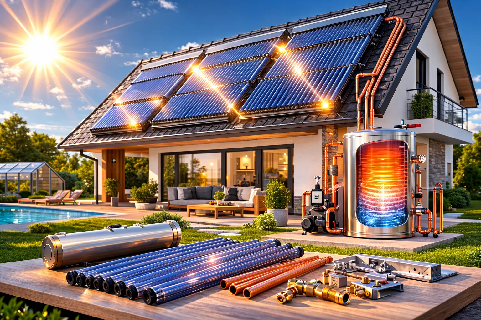 солнечный водонагреватель для дома с вакуумными солнечными коллекторами на крыше частного дома