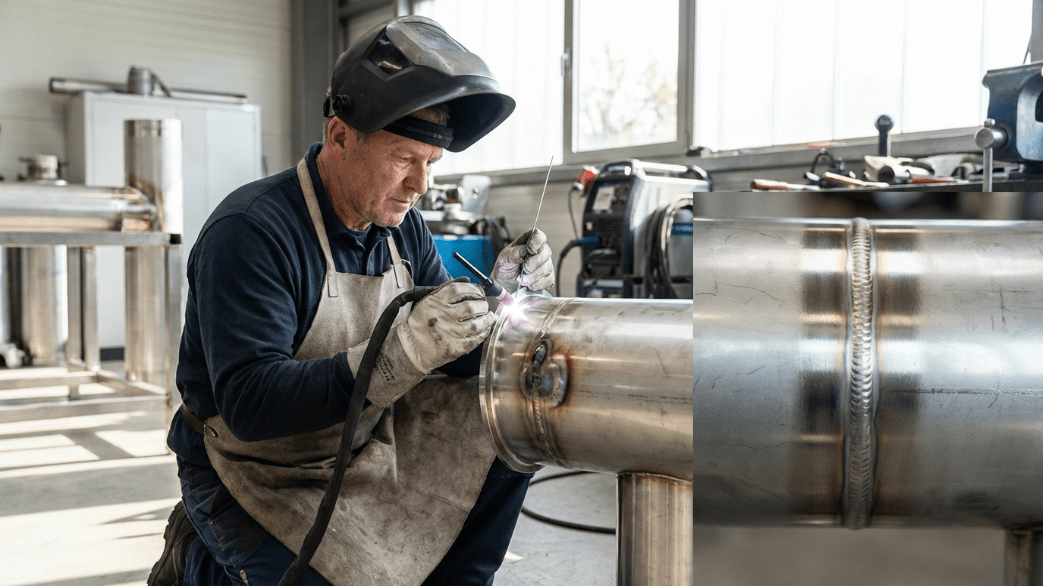 Профессиональная сварка нержавейки в Алматы: мастер выполняет аккуратный TIG-шов на детали из нержавеющей стали