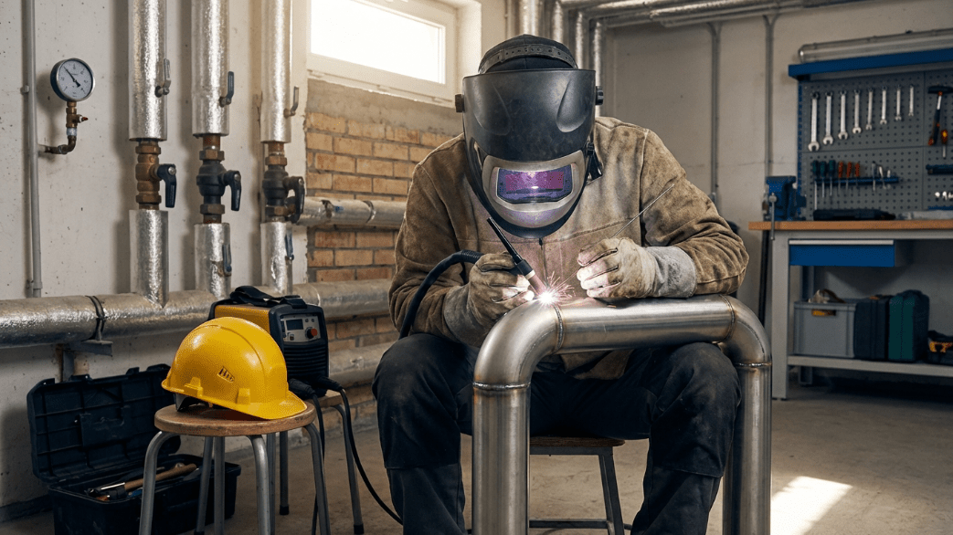 Профессиональная сварка труб в Алматы на объекте: сварщик выполняет работы по трубопроводу с выездом