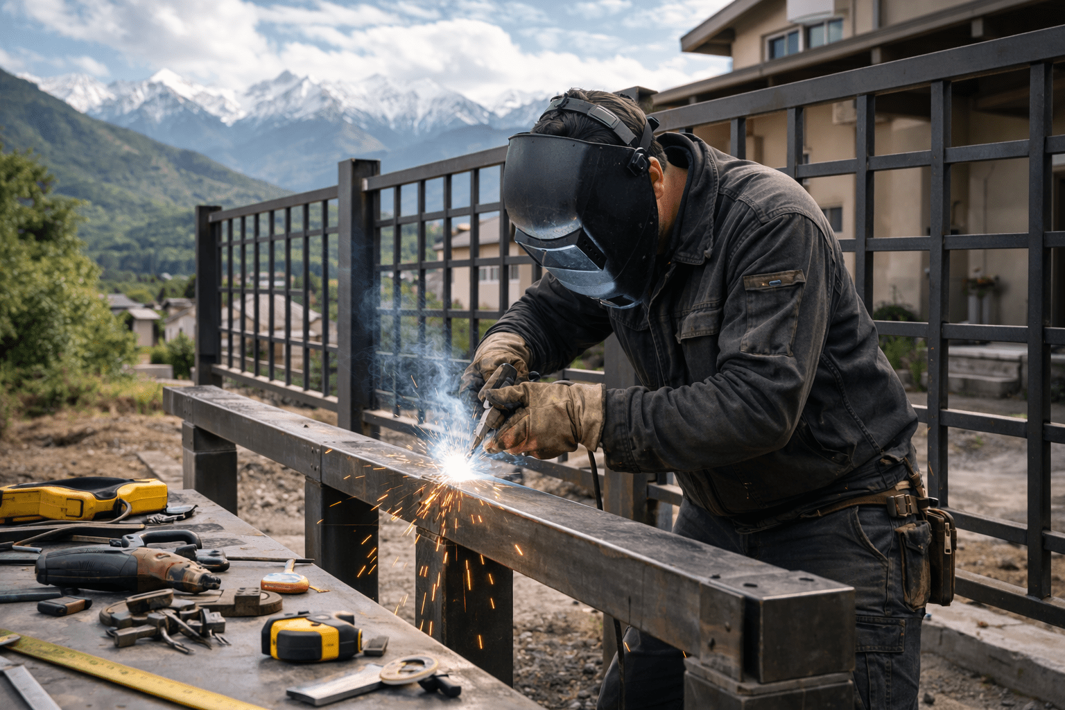 Сварочные работы в Алматы с выездом: сварщик выполняет сварку металлической конструкции на объекте