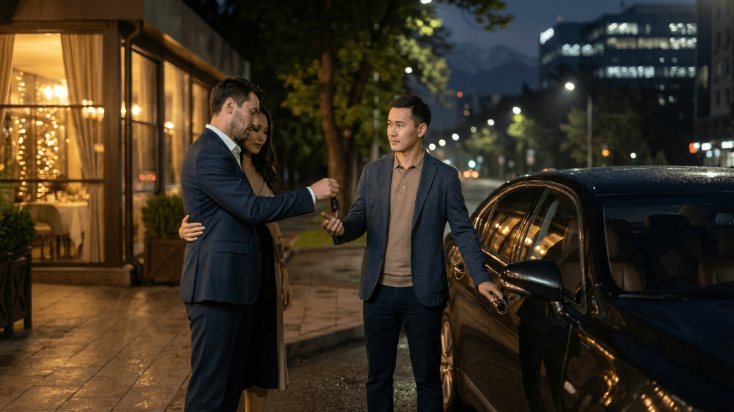 Трезвый водитель в Алматы везет клиента домой на его собственном автомобиле ночью по городу