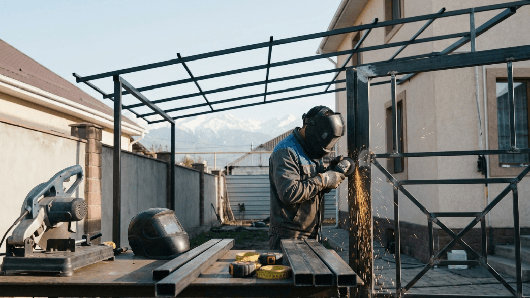 Профессиональный сварщик выполняет сварочные работы на металлической конструкции с выездом в Алматы