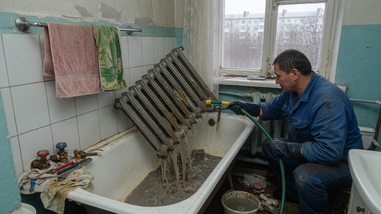 Мастер промывает снятый радиатор отопления в квартире в Алматы