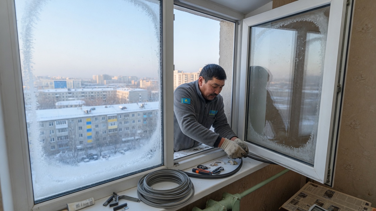 Мастер регулирует пластиковое окно в квартире в Астане