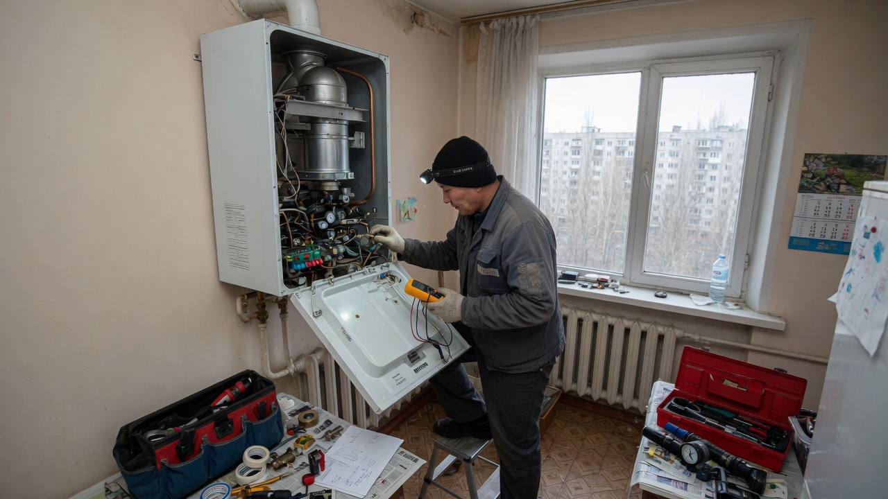 Мастер диагностирует настенный котёл Navien в квартире в Алматы