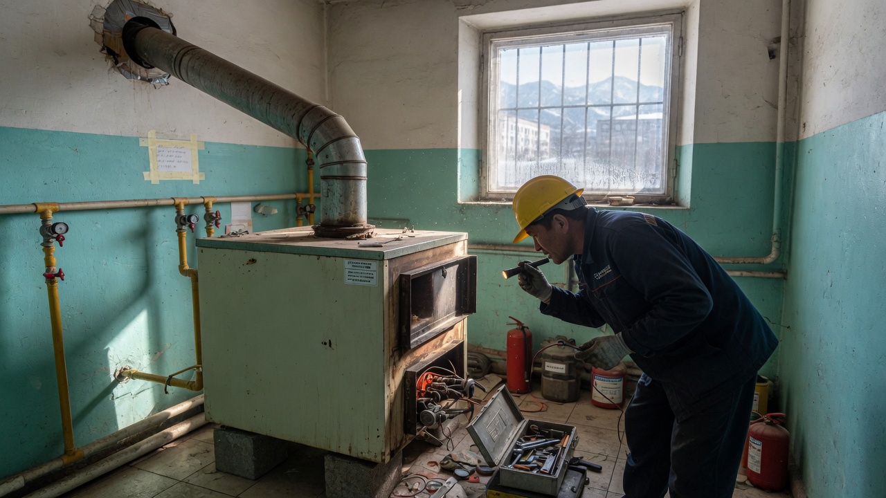 Мастер осматривает напольную газовую печь в частном доме в Алматы