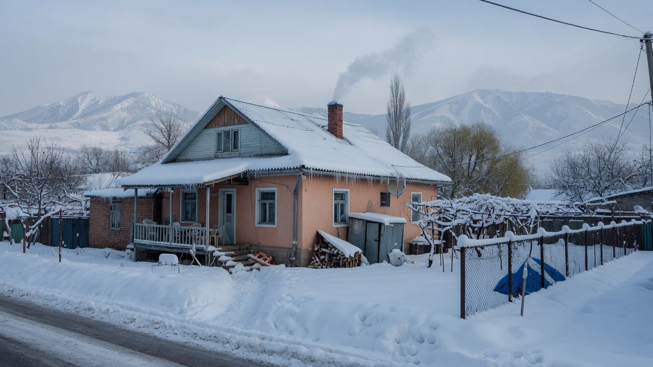 Частный дом в пригороде Алматы зимой, дым из трубы отопления